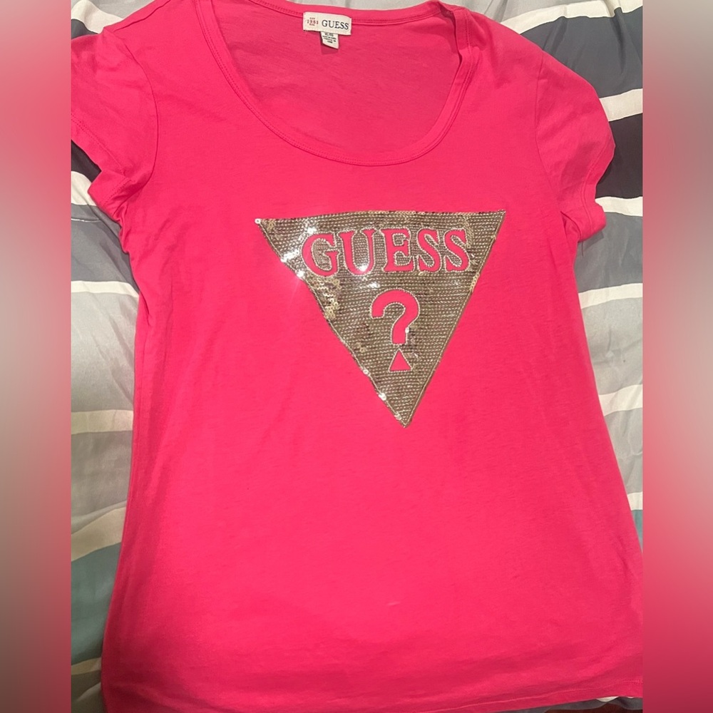 GUESS Women's Hot Pink Sequin Logo Tee